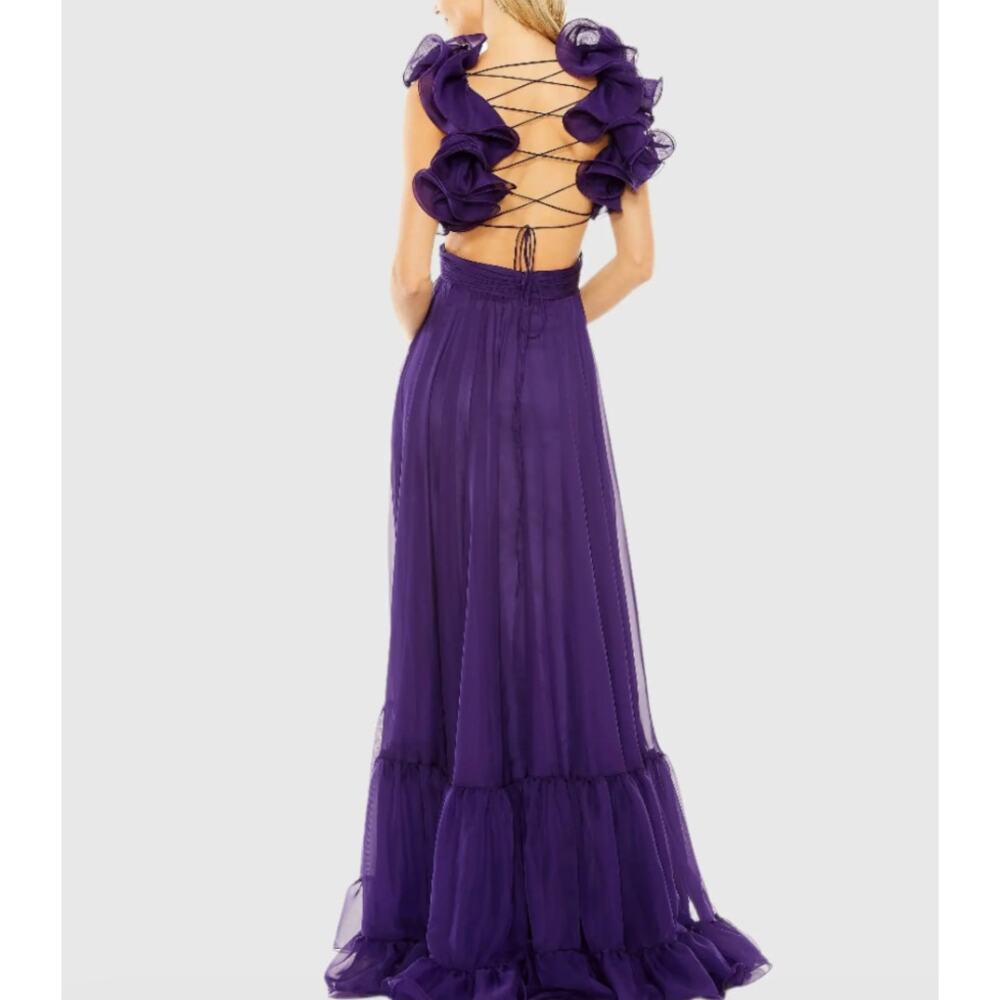 Mac Duggal Purple Ruffle Tiered Chiffon Cut-Out Evening Gown Maxi Dress 8 New - Picture 3 of 12
